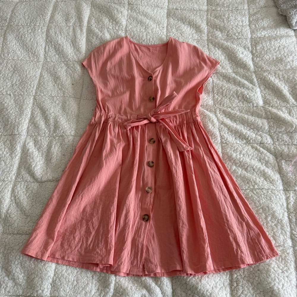 SHEIN Coral Button-Front Tie-Waist Casual Dress